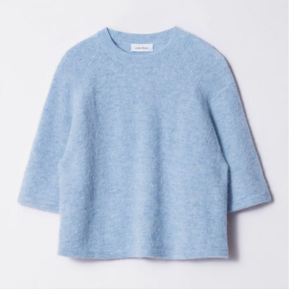 Blue Women's Short Sleeve Sweater Alpaca-Blend Knitted Top